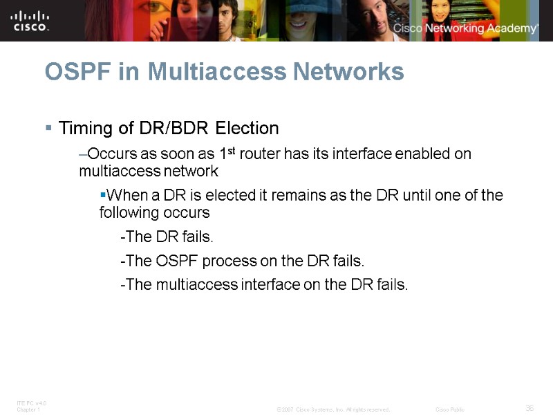 OSPF in Multiaccess Networks Timing of DR/BDR Election Occurs as soon as 1st router